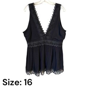 GORGEOUS BLACK SLEEVELESS TOP w/DEEP V-NECK & LACE TRIM SIZE: 16 #CL